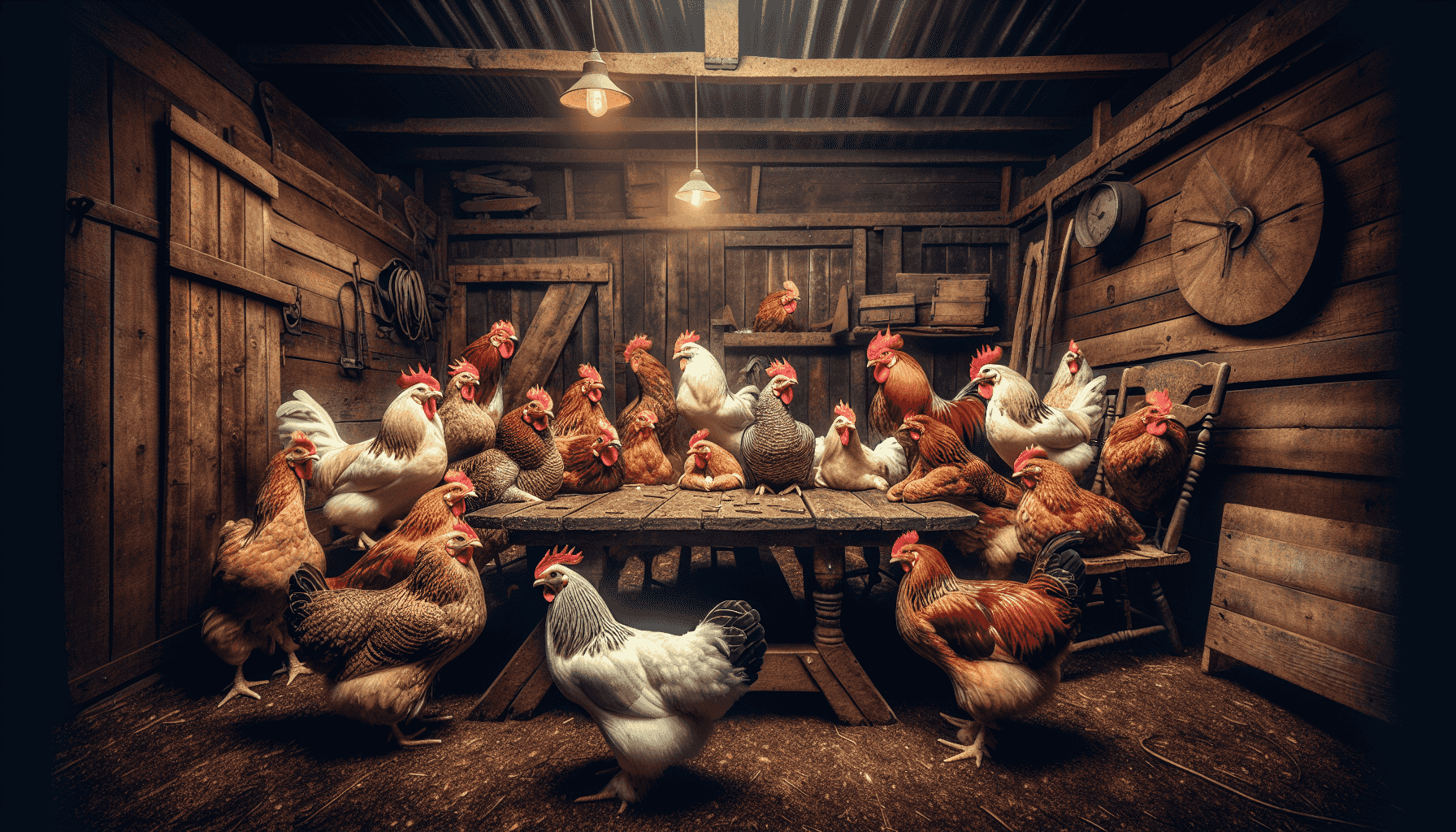Chickens strategizing in a barn